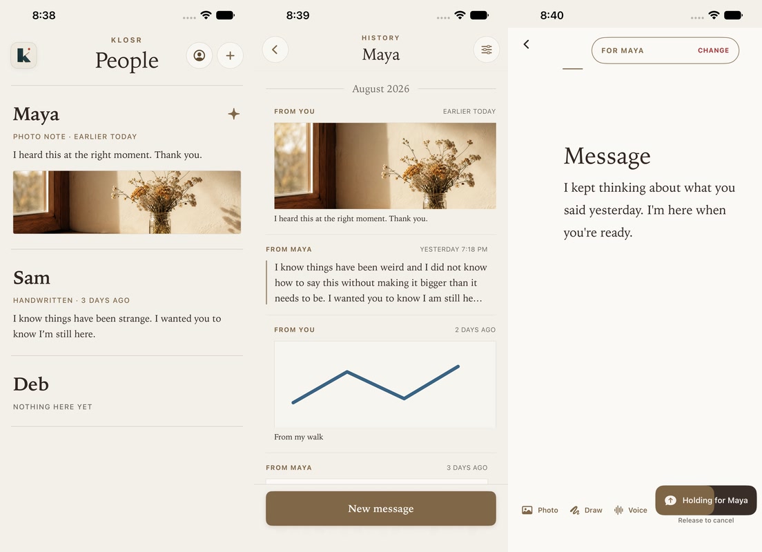 Klosr People, relationship history, and recipient-visible message composer screens.